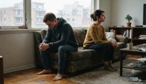 Two people sitting apart after an unresolved conflict.