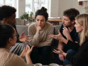 Persona escuchando opiniones diferentes de amigos sobre su relación de pareja