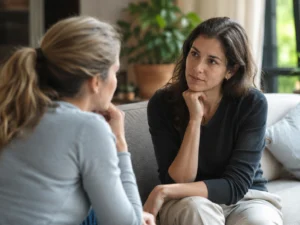 Two adults having an honest conversation without emotional investment in a specific outcome