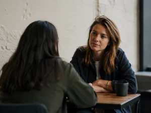 Two people having a sincere conversation in a quiet neutral setting