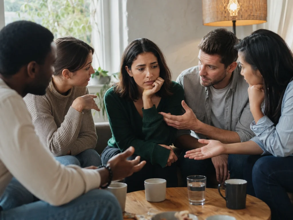 Adult listening to several friends giving conflicting advice about a personal decision