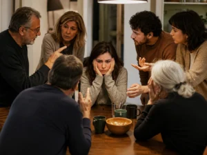 Person surrounded by friends offering different and conflicting opinions about a personal decision