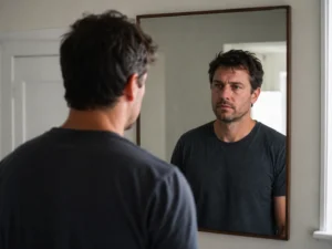 Person looking into a mirror during a quiet moment of honest self-reflection