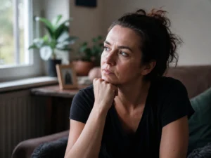 Adult quietly recognizing a repeated unhealthy pattern in a relationship