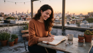 Woman writing after finding emotional clarity.