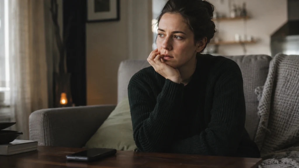 Adult reflecting alone while wondering whether an emotional reaction is disproportionate