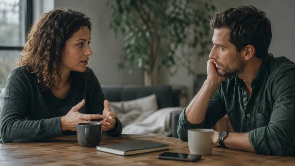 Two adults discussing a personal situation while one offers a balanced neutral perspective