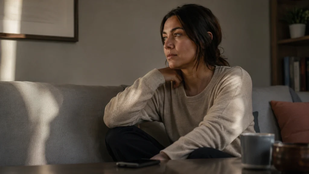 Adult calmly reflecting after deciding whether to send a difficult personal message