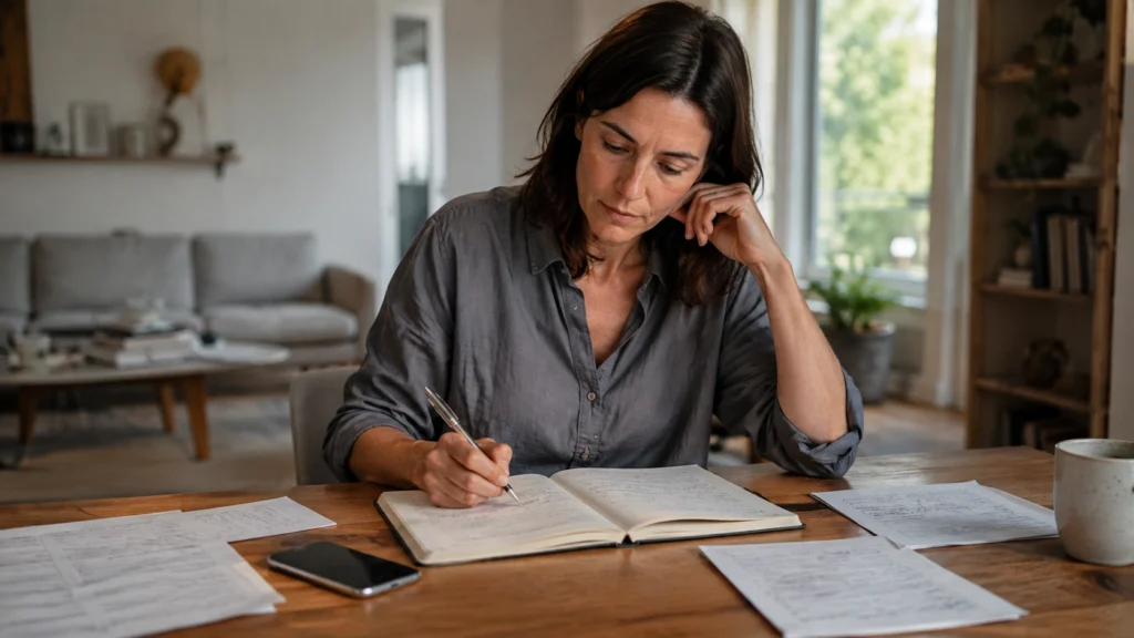 Persona escribiendo hechos y contexto antes de pedir una opinión externa