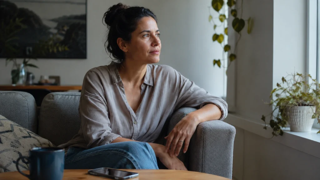 Adult appearing calm after gaining perspective on a difficult personal situation