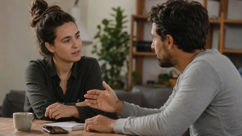 Dos adultos conversando mientras una persona escucha una opinión diferente sobre una situación personal