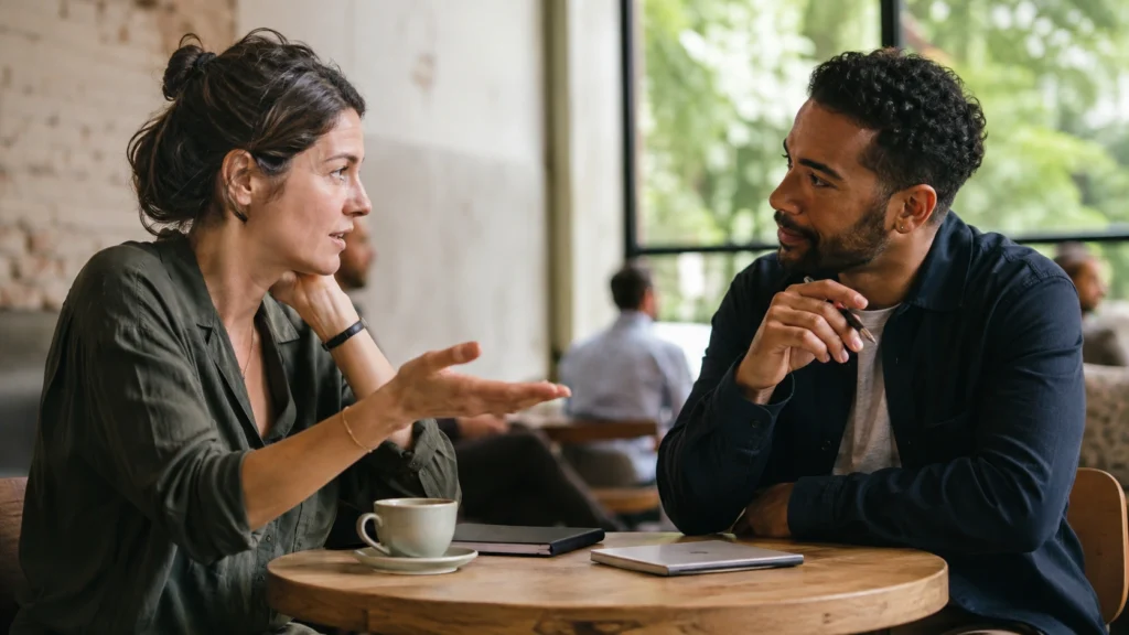 Two adults discussing a difficult decision from different perspectives