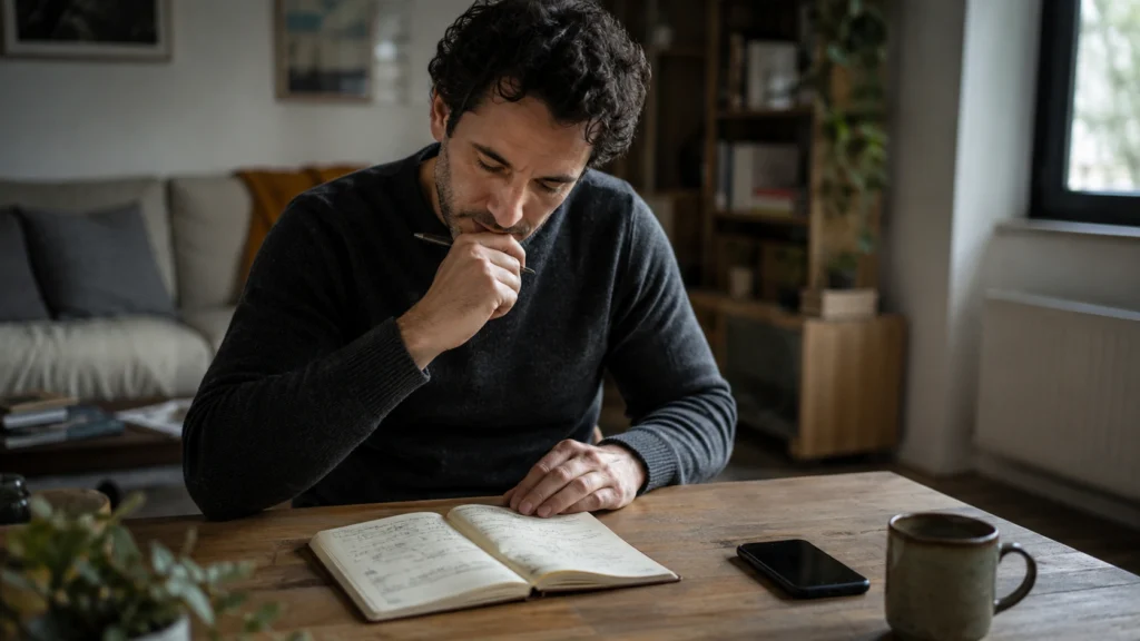 Adult writing down facts, feelings and assumptions to understand a difficult situation