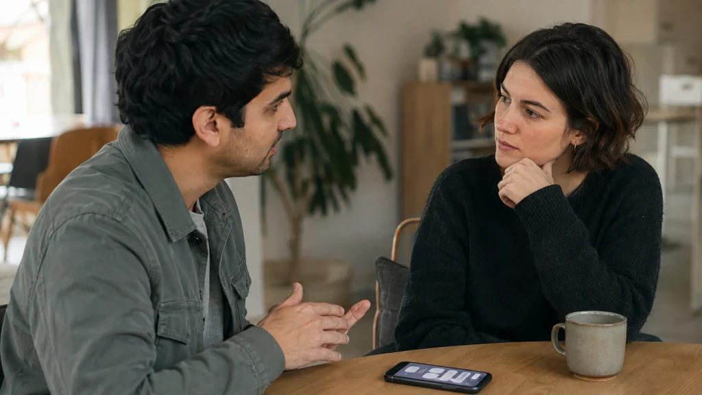 Two adults calmly discussing a difficult personal message from a neutral perspective