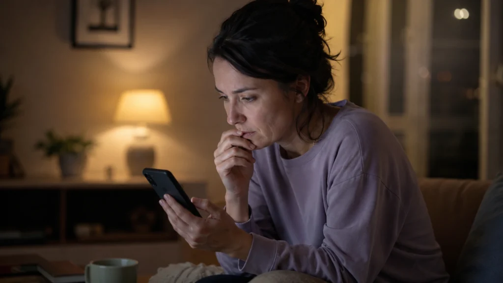 Adult hesitating before sending an emotionally difficult message on a smartphone
